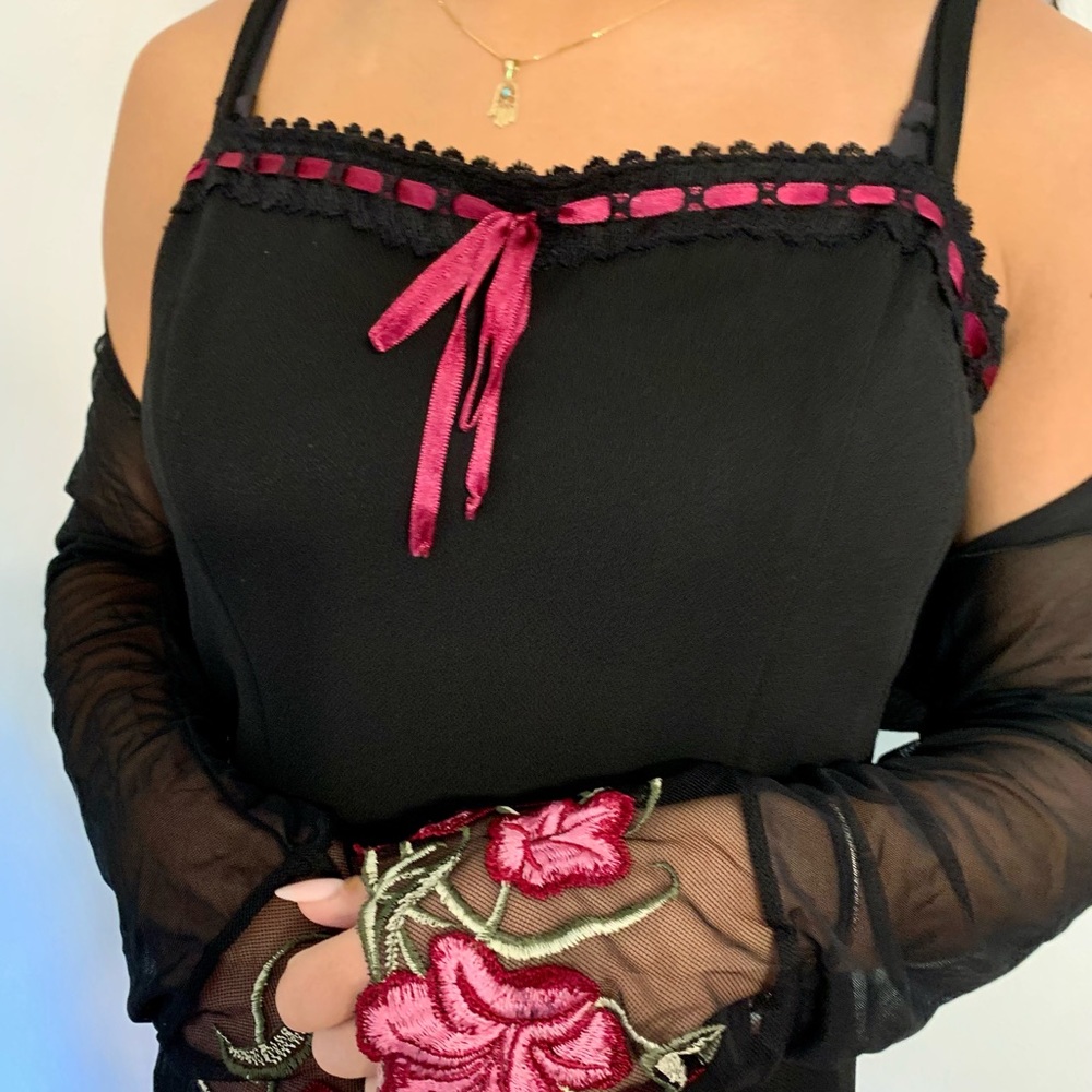 Sheer Mesh Flared Sleeve embroidered 
Bolero